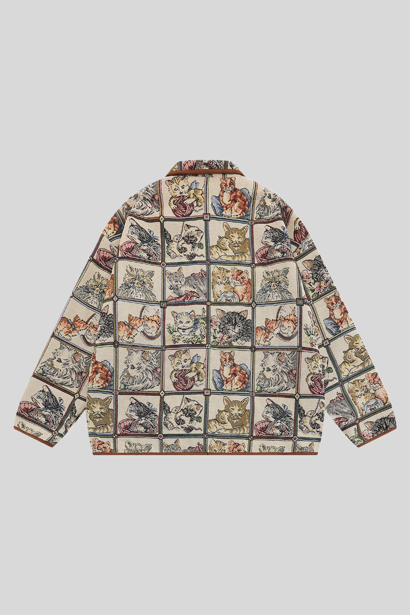 Cat-Motif Jacquard Jacket with Button Front