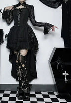 Uneven Folded Lace Black Midi Dress