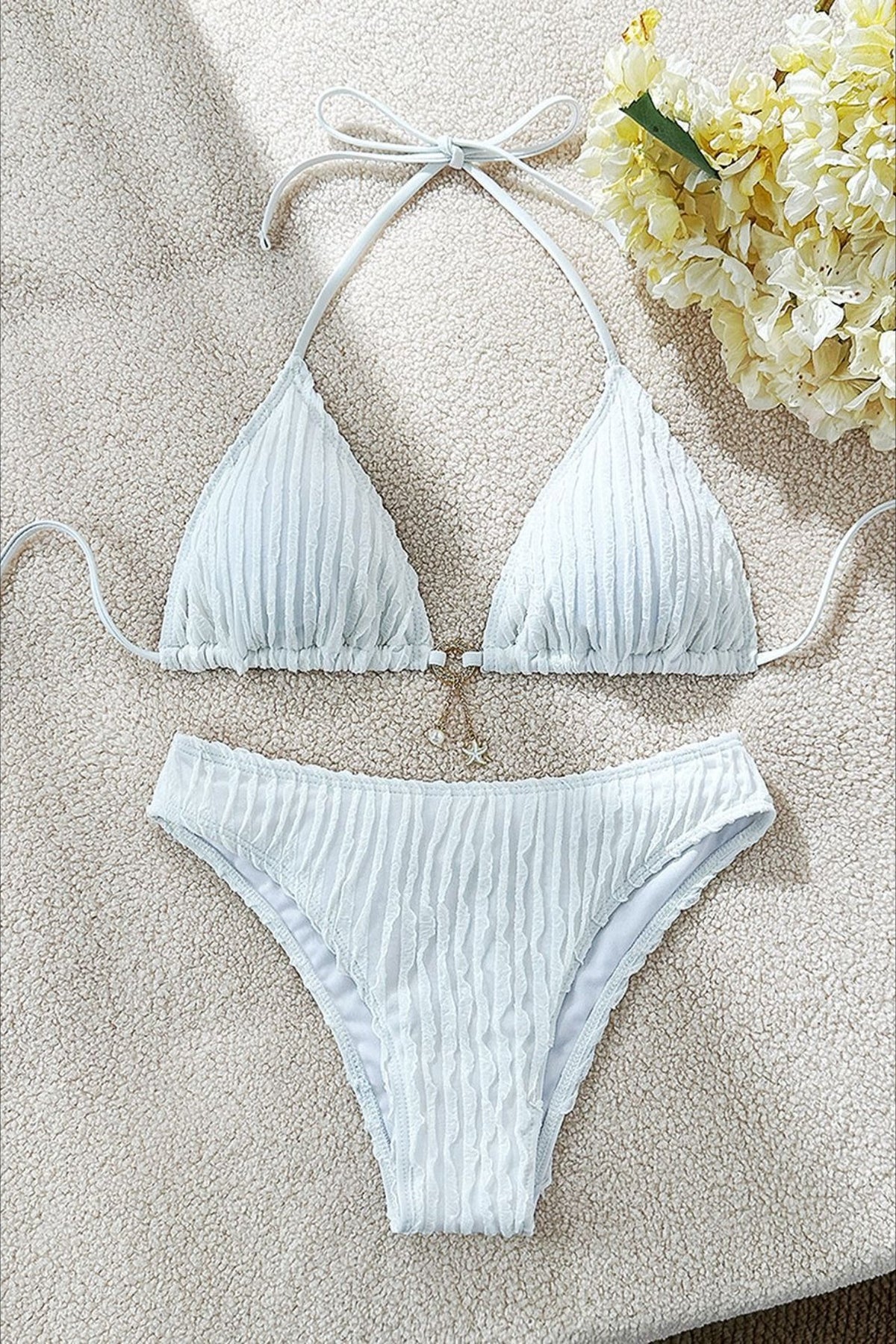 Textured Polyester Bikini Set with Drawstring Detail