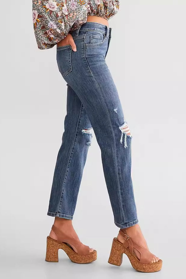 Distressed Slim-Fit Straight-Leg Jeans