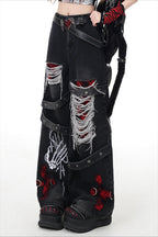 Gothic Barrel Jeans with Rips and Straps