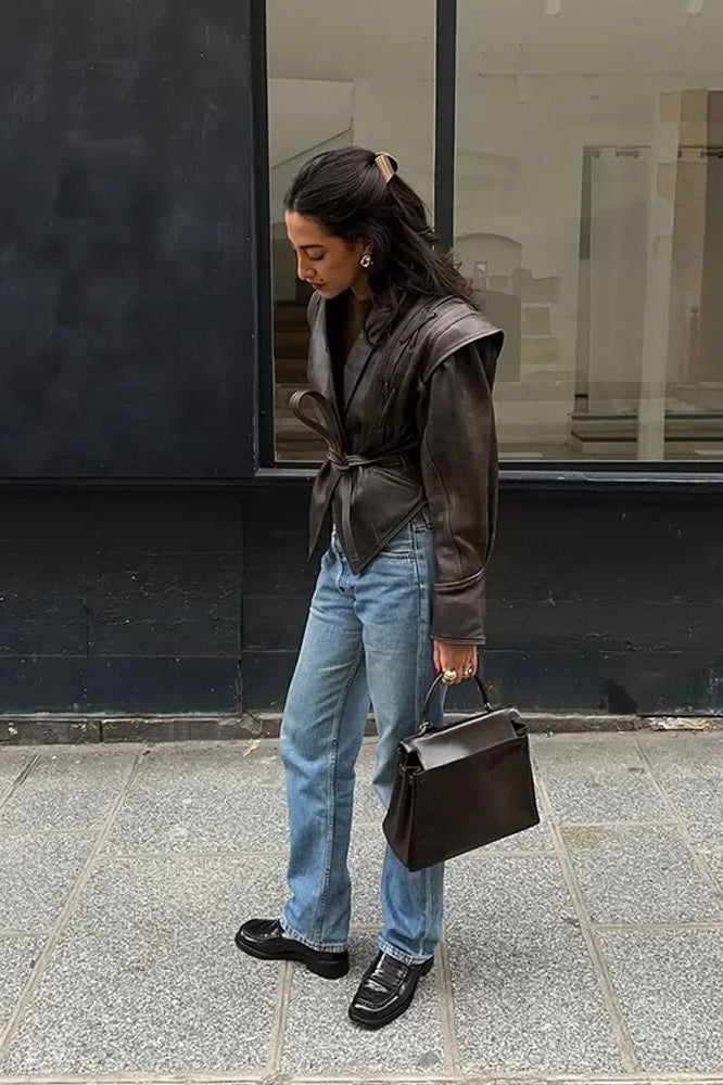 Faux-Leather Vintage-Inspired Jacket with V-Neckline