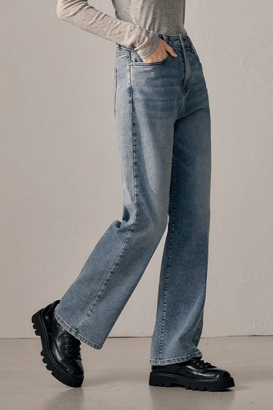 Cotton Polyester Washed Straight-Leg Jeans