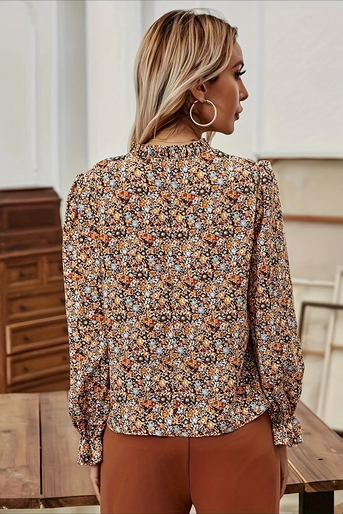 Floral V-Neck Blouse with Sheer Detailing