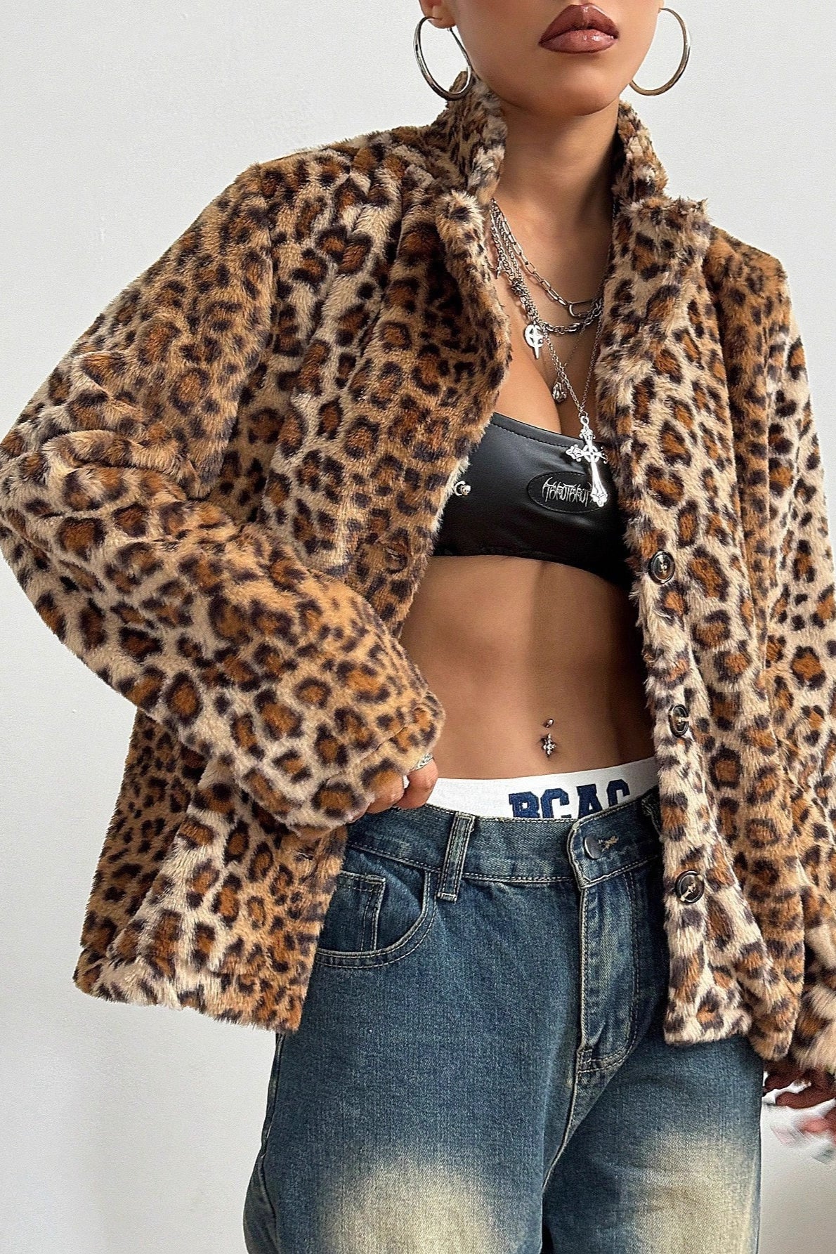 Leopard-Print Polyester Coat with Lapel Collar