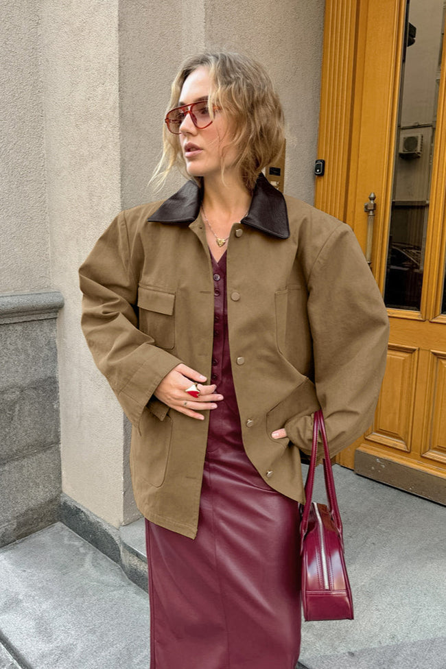 Brown Faux-Leather Panelled Coat Main image
