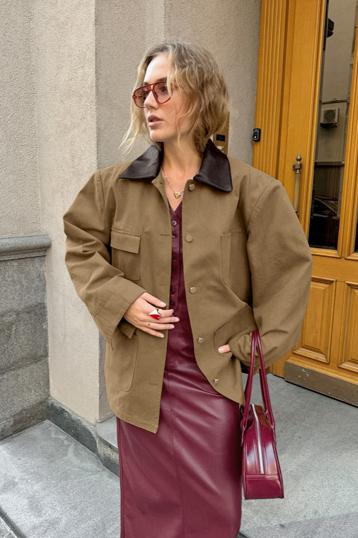 Brown Faux-Leather Panelled Coat