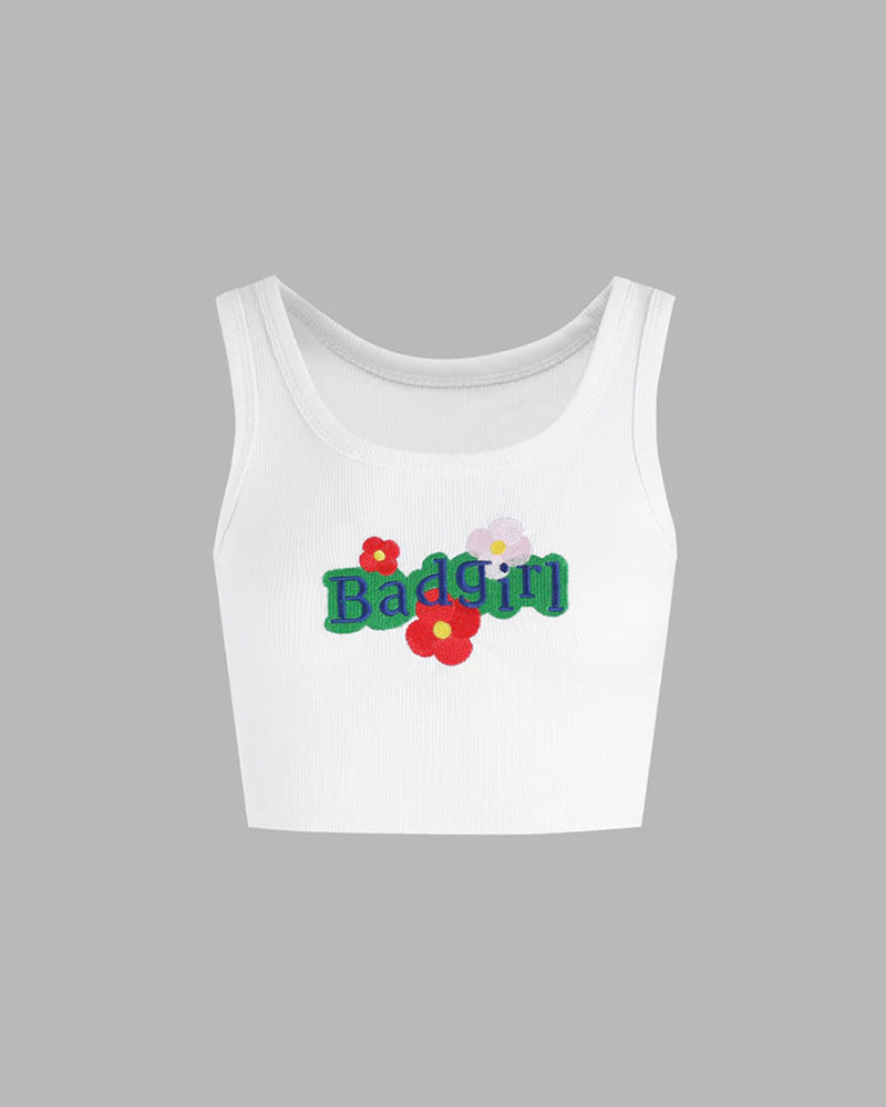 Lettered Polyester Cropped Tank Top with Floral Details