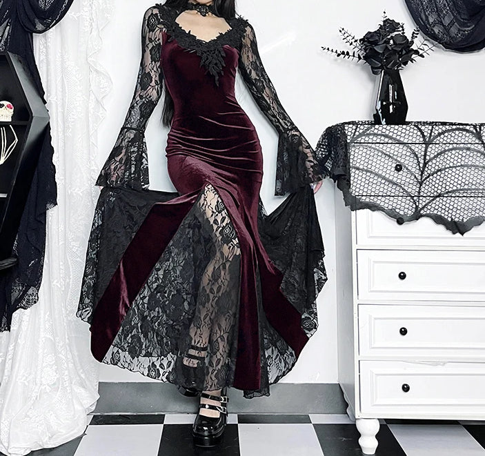 Delicate Fishtail Hollow V-neck Midi Dress Claret / S