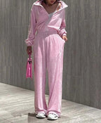 Knit Pink Two-Piece Pants Set with Zip Detail