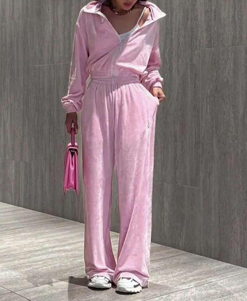 Knit Pink Two-Piece Pants Set with Zip Detail