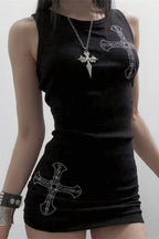 Cross-Detail Gothic Dress with Rhinestone Details
