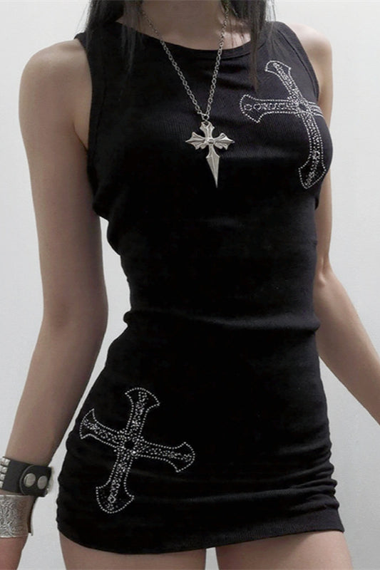 Cross-Detail Gothic Dress with Rhinestone Details