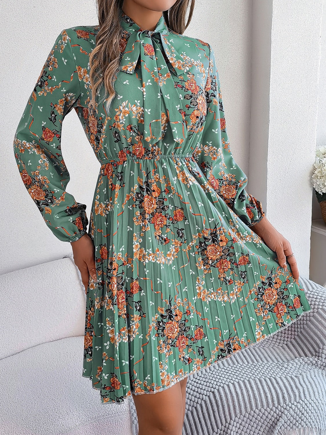 Polyester Pleated Sheer Dress