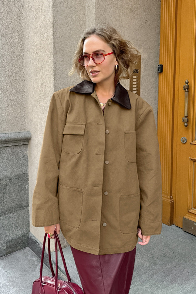 Brown Faux-Leather Panelled Coat
