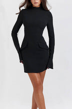 Mock-Neck Solid-Color Dress with Flared Sleeves