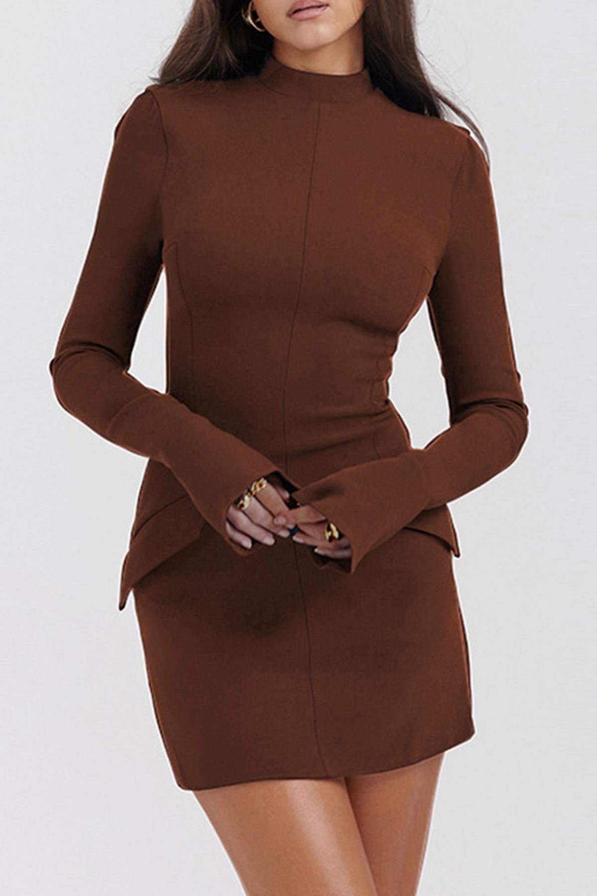 Mock-Neck Solid-Color Dress with Flared Sleeves