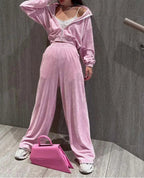 Knit Pink Two-Piece Pants Set with Zip Detail