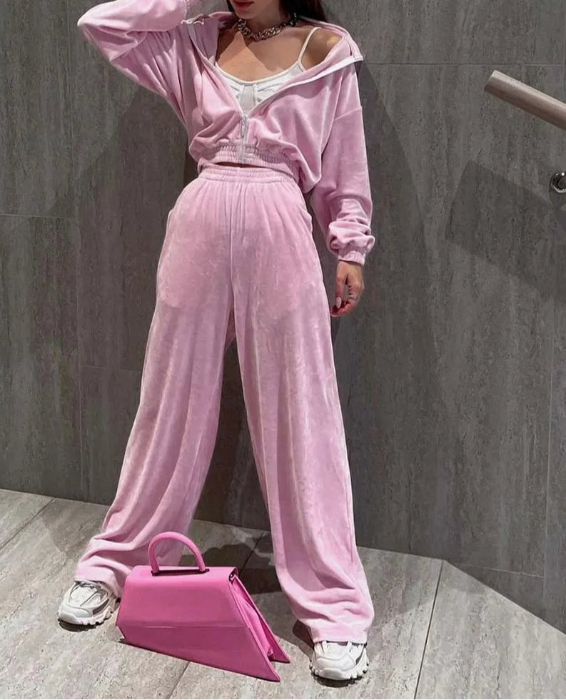 Knit Pink Two-Piece Pants Set with Zip Detail