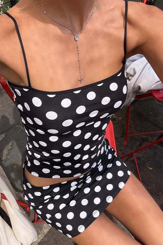 Polka-Dot Polyester Two-Piece Skirt Set with Strapless Neckline