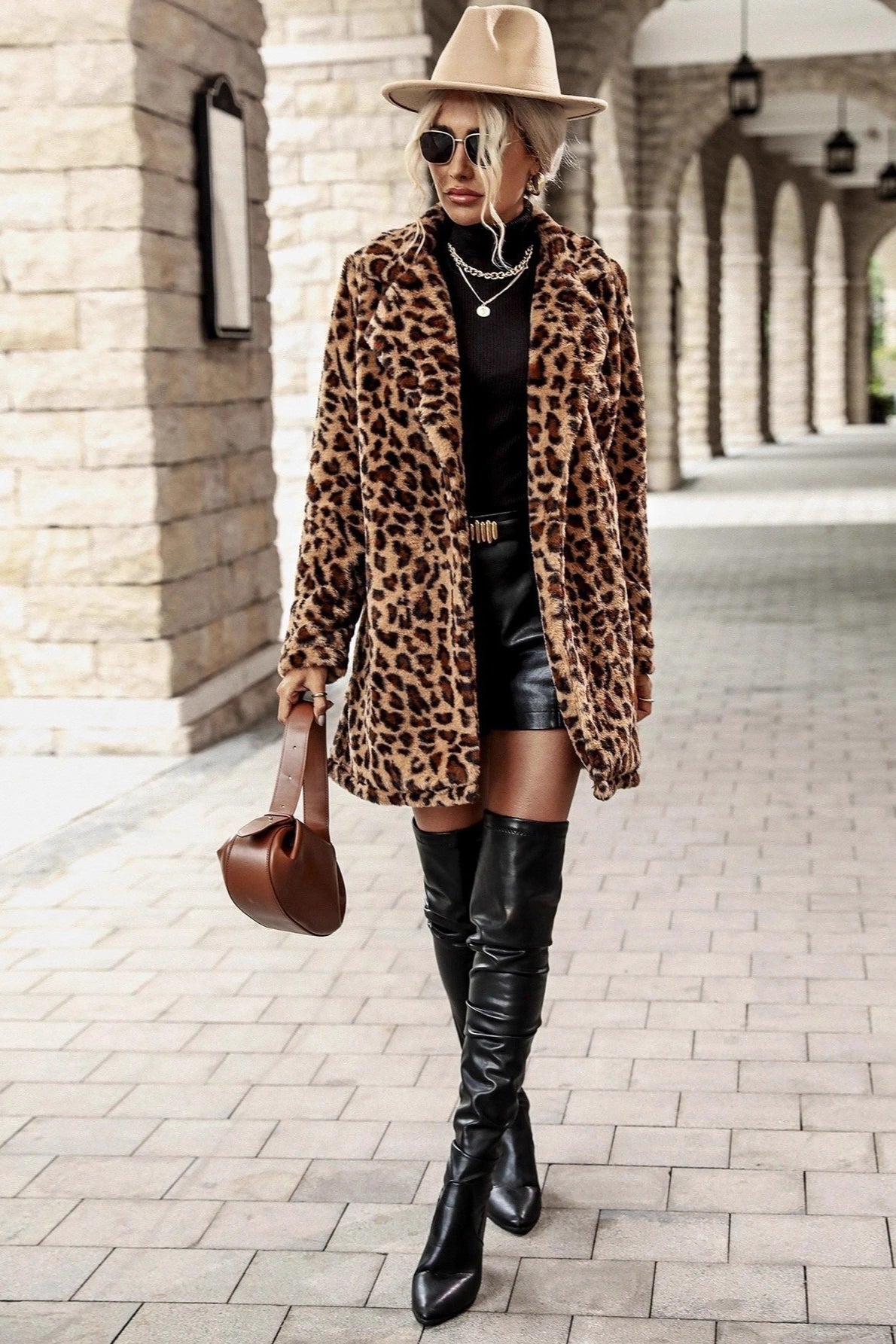 Leopard-Print Plush Coat with Notched Lapels