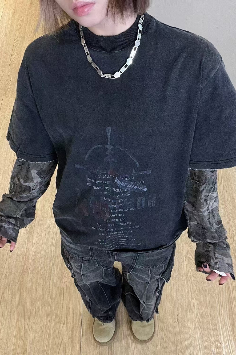 Lettered Camo-Print Layered T-Shirt