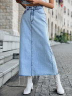 Denim Midi Skirt with Raw Hem