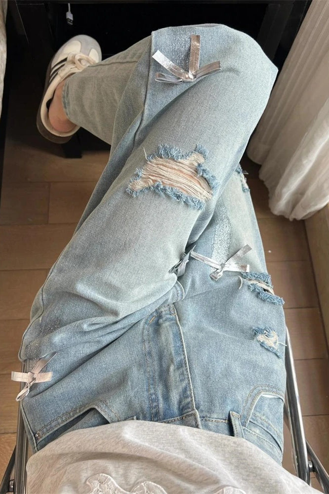 Distressed Polyester Jeans with Cotton Fabric