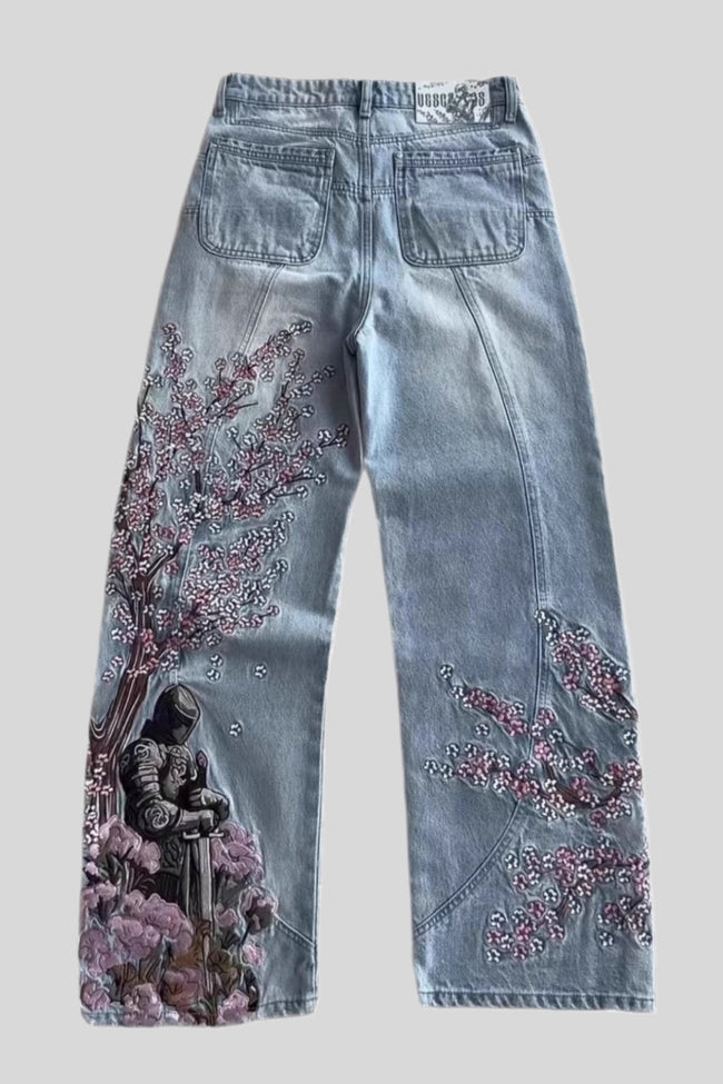 Samurai-Motif Blossom-Detail Wide-Leg Jeans with Embroidery Main image