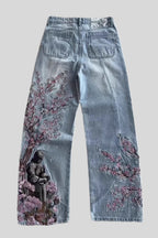 Samurai-Motif Blossom-Detail Wide-Leg Jeans with Embroidery