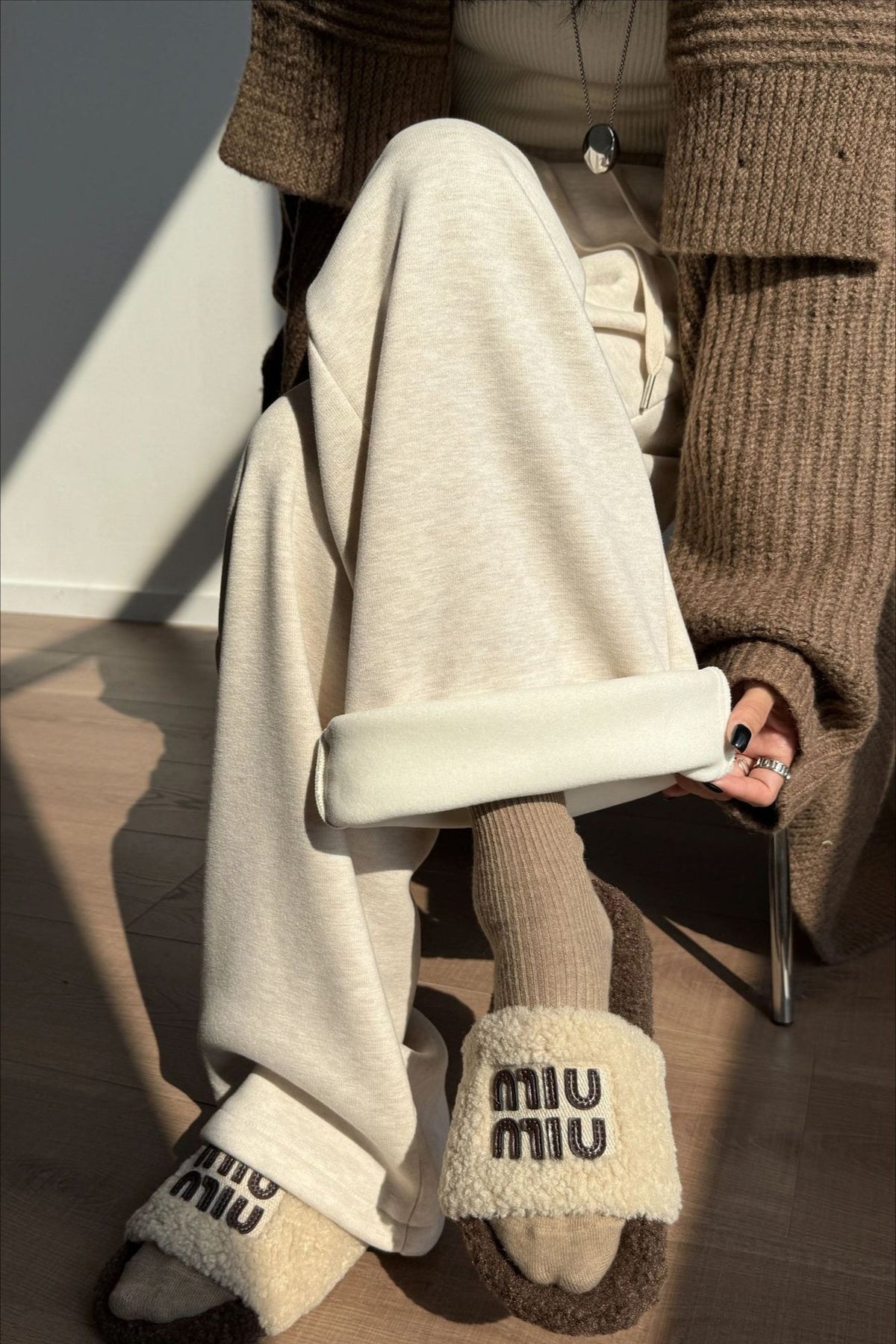 Wool-Blend Knit Pants with Fleece Lining