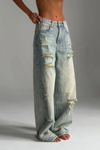 High-Rise Straight-Leg Jeans with Distressed Details