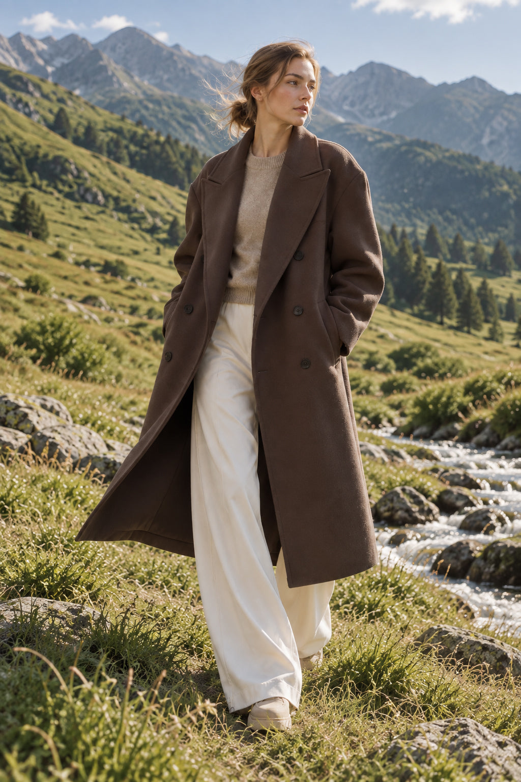 Solid Double-Breasted Turn-Down Overcoat
