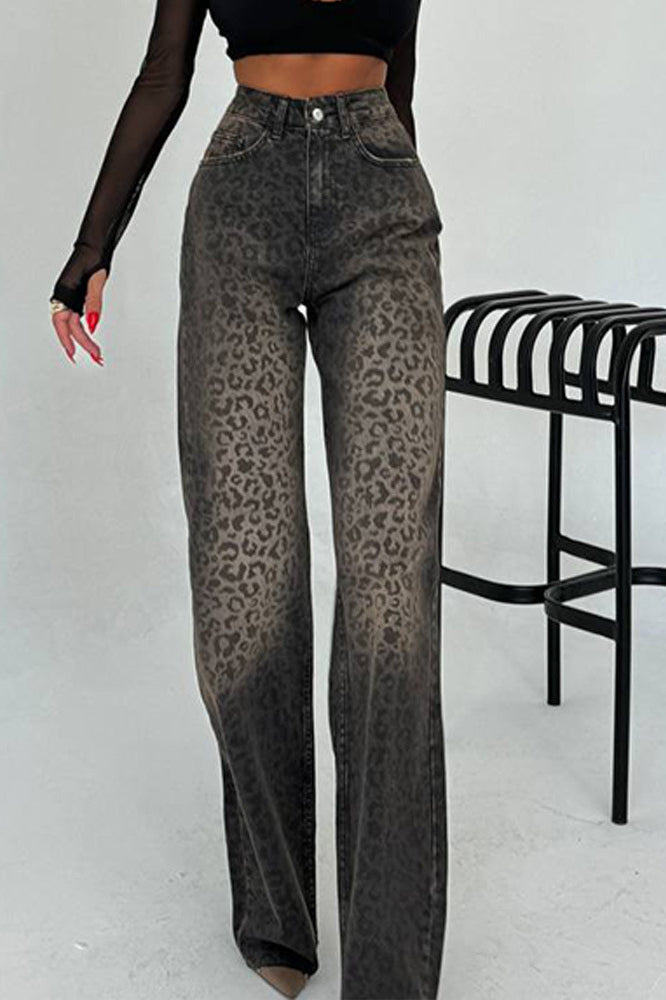 Leopard-Print Cotton High-Rise Straight-Leg Jeans