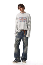 Flag-Graphic Number-Graphic T-Shirt with Washed Finish