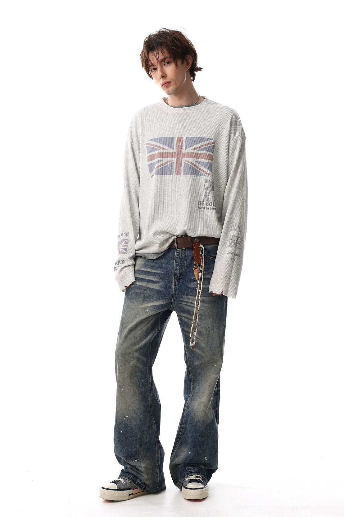 Flag-Graphic Number-Graphic T-Shirt with Washed Finish