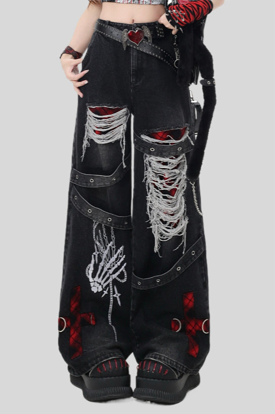 Gothic Barrel Jeans with Rips and Straps