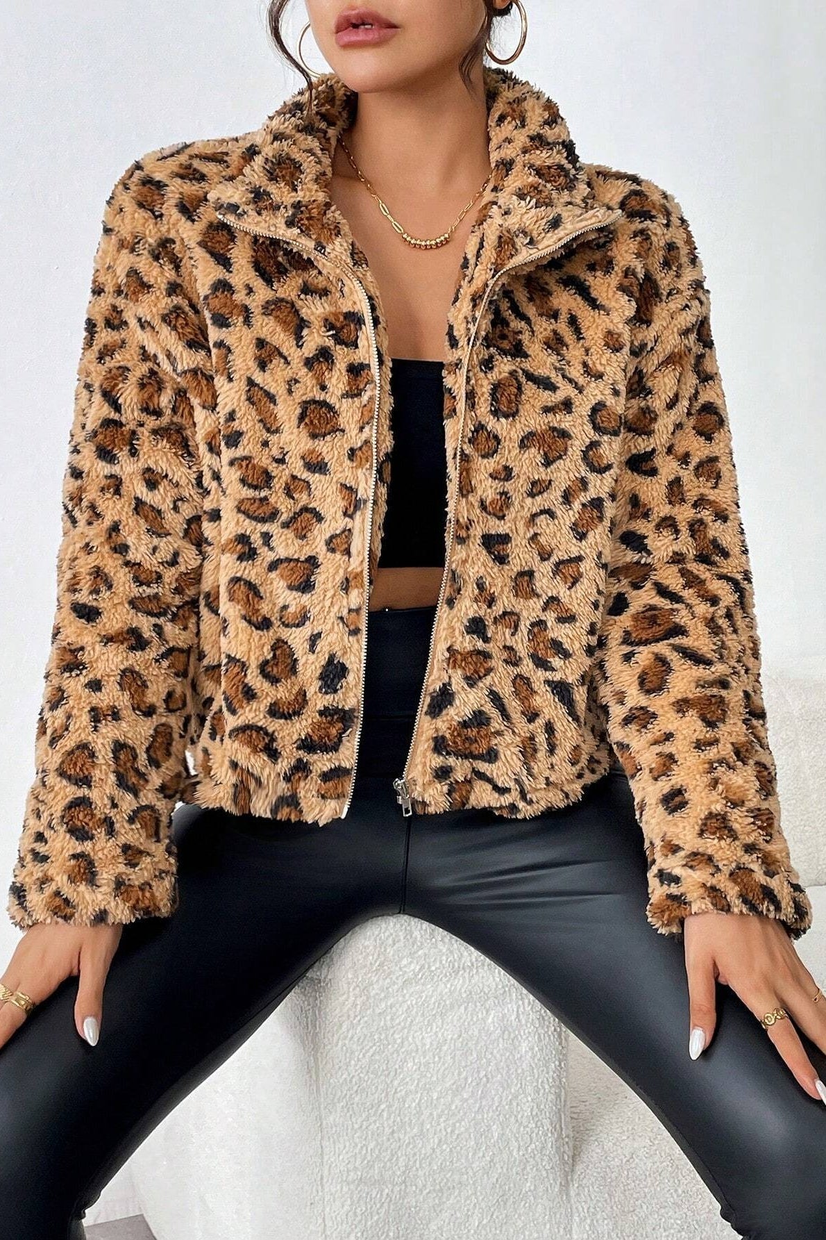 Fleece Polyester Cardigan with Lapel Collar