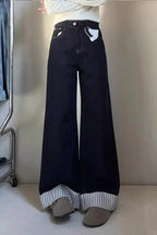 Striped Blue Wide-Leg Jeans with Panel Details