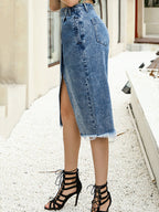 Denim Cotton Midi Skirt with Slit Detail