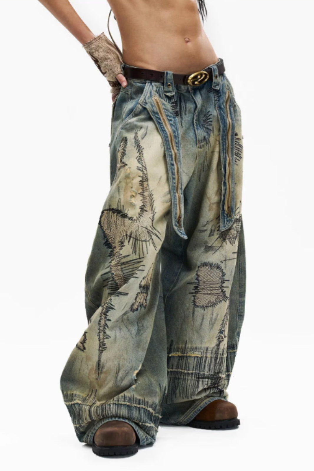 Stitch-Detail Distressed Barrel-Leg Jeans with Embroidery
