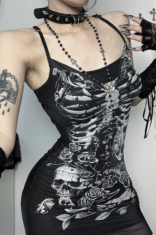 Skull-Graphic Gothic Dress with Rose Details