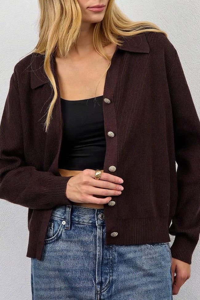 Solid V Neck Button Down Cardigan S / Brown Main image