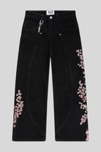 Samurai-Motif Blossom-Detail Wide-Leg Jeans with Embroidery