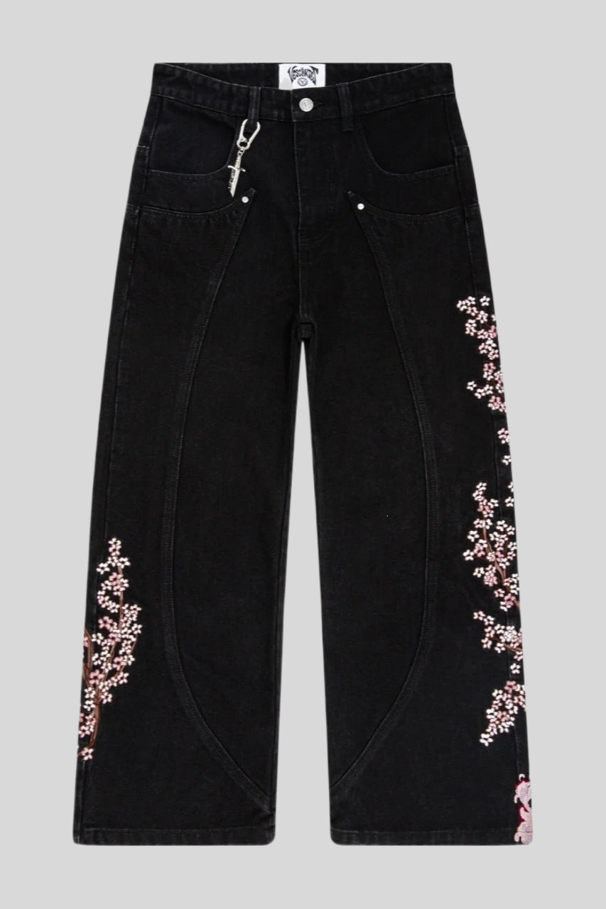 Samurai-Motif Blossom-Detail Wide-Leg Jeans with Embroidery