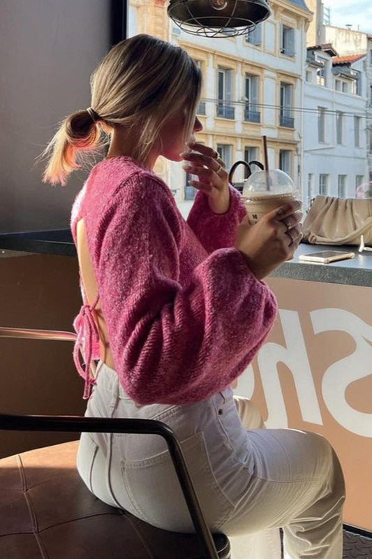 Open-Back Tie-Back Cropped Sweater