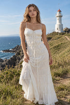 Lace Pleated Backless Suspender Maxi Dress