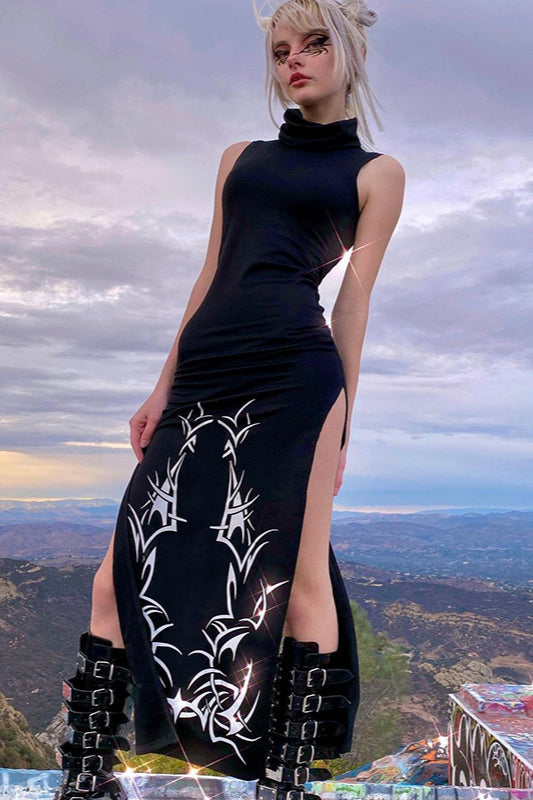 Slit-Detail Polyester Dress with Gothic Styling