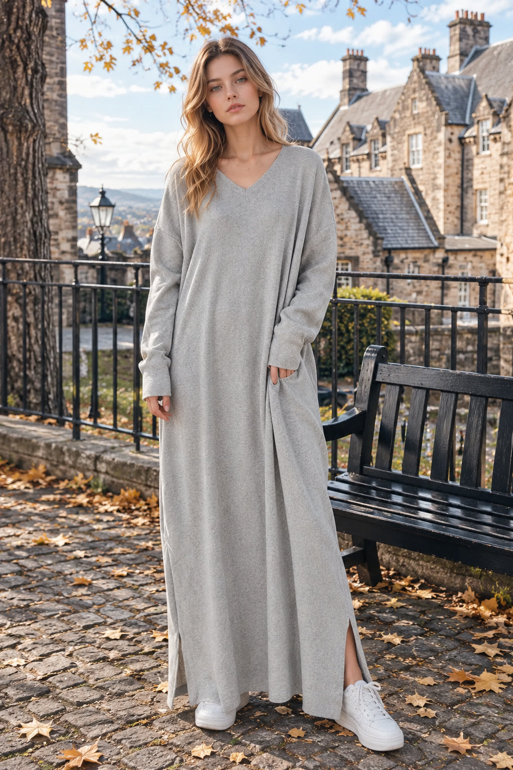 V Neck Swing Dress - Long Sleeve