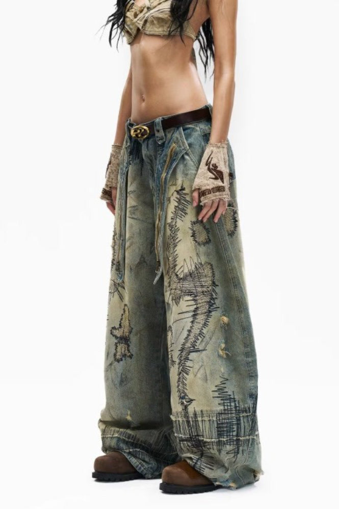 Stitch-Detail Distressed Barrel-Leg Jeans with Embroidery
